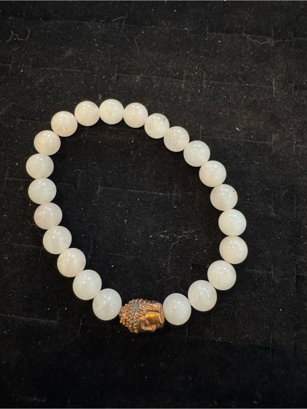 White Stone Look Beaded Stretch Bracelet Bronze Tone Buddha Head Boho Jewelry